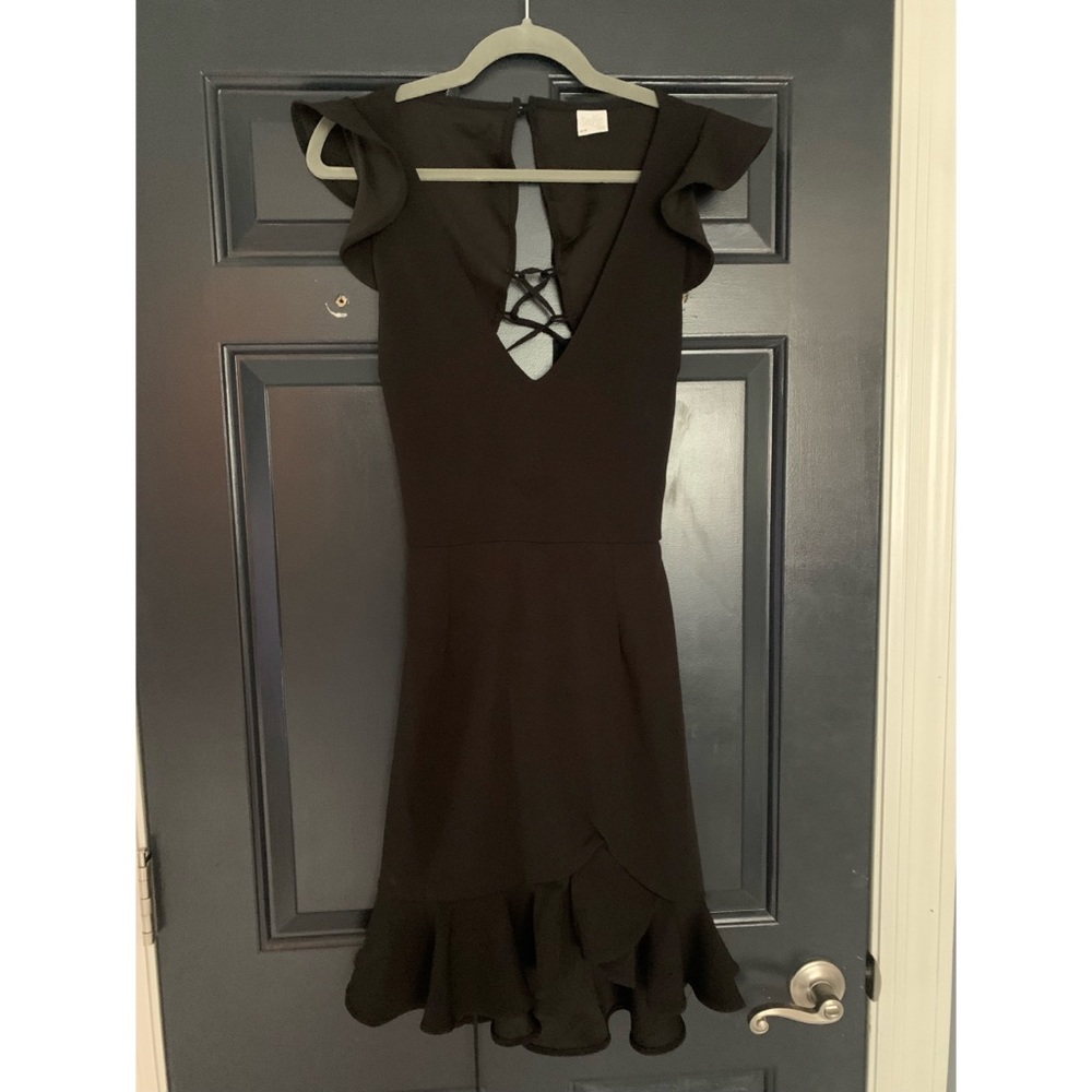 Black Ruffled Cap Sleeved Dress Lace Up Back